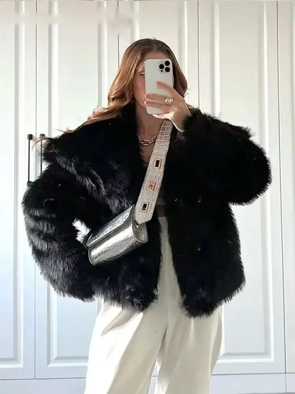 Elegant Faux Fur Warm Fluffy Loose Long Sleeve Lapel Jacket