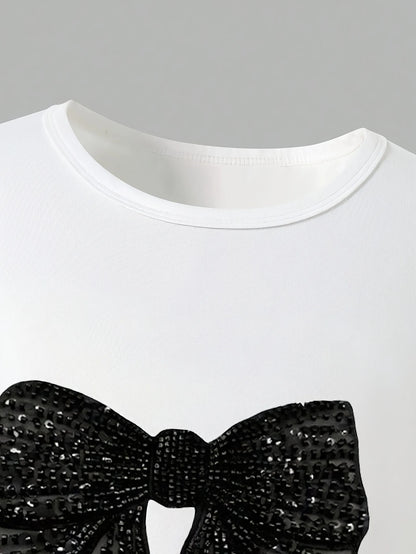 Casual stylish sporty knit crop top featuring sequin and bow prints Set