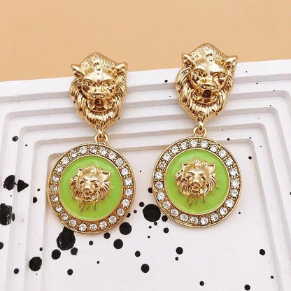 Punk Embossed Lion Head Drop Gold-plated Zircon Gothic Earrings