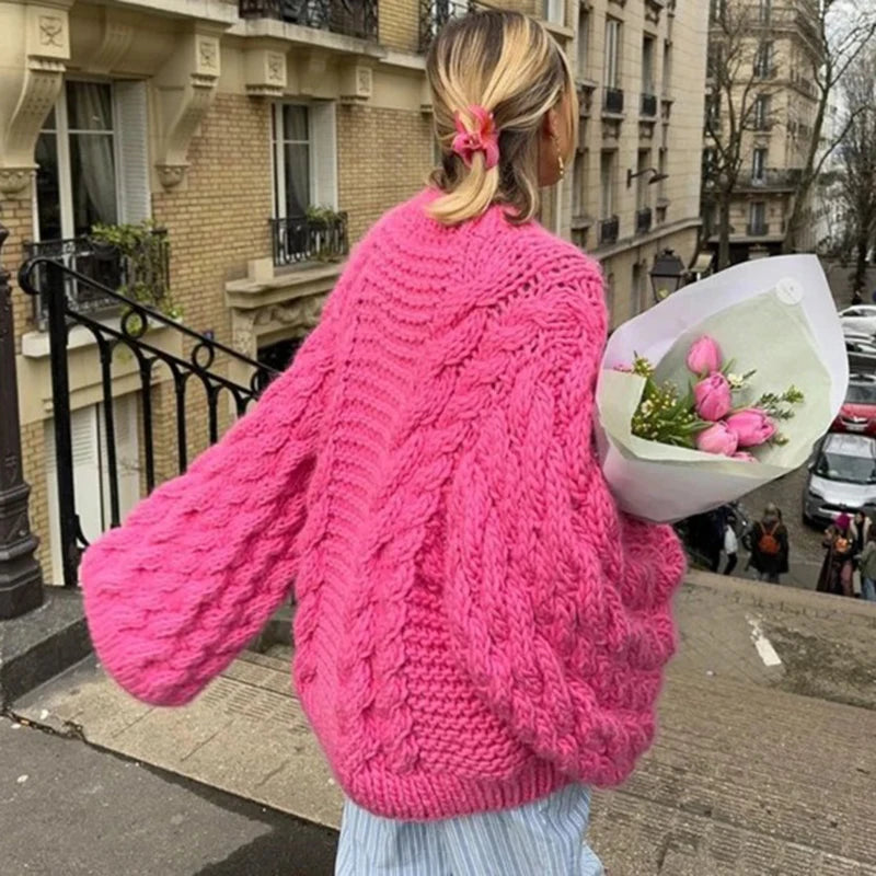 Oversize Knit Pullover Casual Lazy Round Neck Kink Solid Sweater