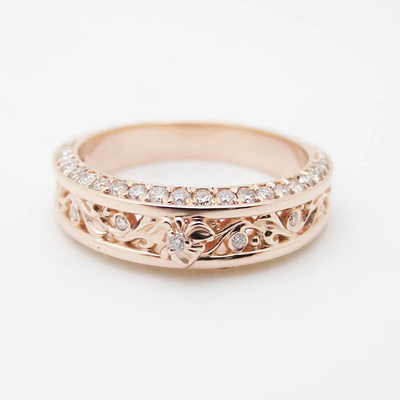Rose Gold Shiny CZ Aesthetic Flower Pattern Rings