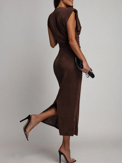 Sleeveless Skinny Midi Long Deep V-neck Hip Wrap Elegant Dress