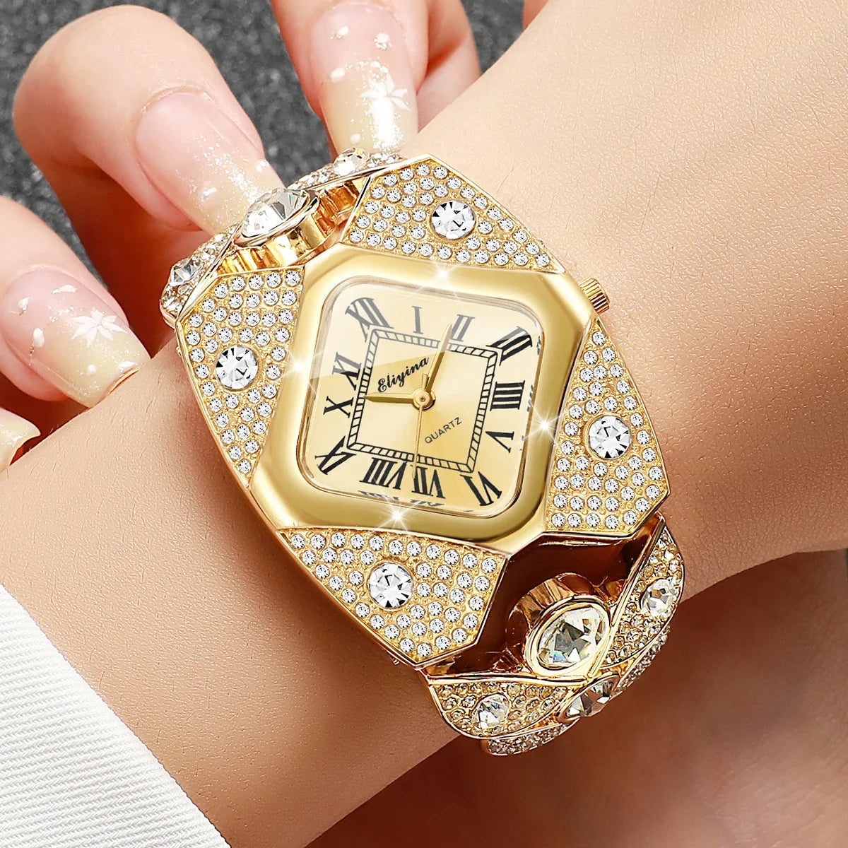 Luxury Rhinestone Golden Bracelet Strap Square Roma Dial Wristwatch