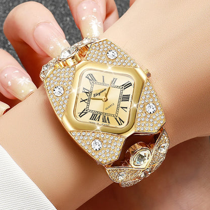 Luxury Rhinestone Golden Bracelet Strap Square Roma Dial Wristwatch