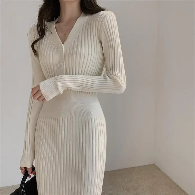 Elegant Long Slim Sweater Elastic Waist Hip Bottoming Korean Bodycon Dress