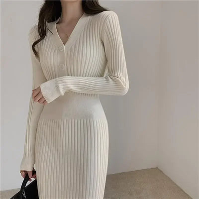 Elegant Long Slim Sweater Elastic Waist Hip Bottoming Korean Bodycon Dress