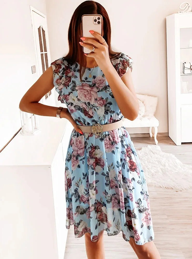 Floral Printed Long Elastic Waist Sleeveless Chiffon Dress