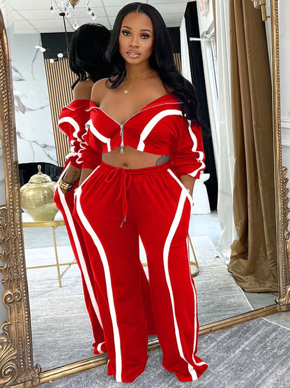Striped Casual Two Piece Tracksuit Sports Joggers Sweatpants Matching Sets
