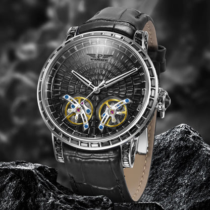 Diamond Mechanical Top Luxury Double Flying Wheel Waterproof Watch Leather