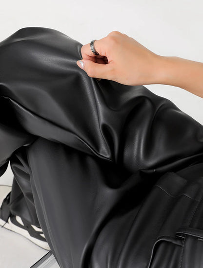 Fall Winter Fleece Loose Wide Leg Leather Pants