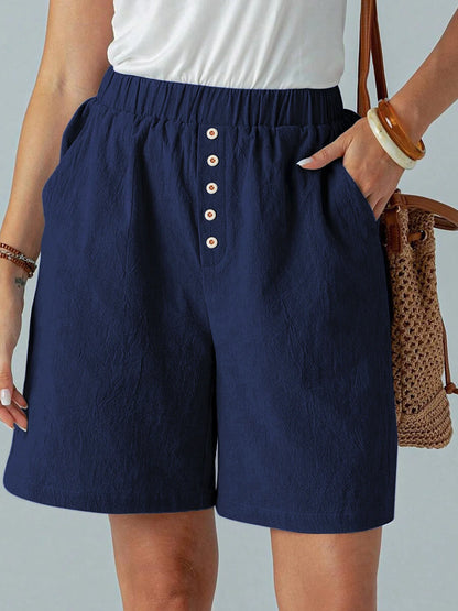 Summer Casual Loose Pocket Buttoned Linen Shorts