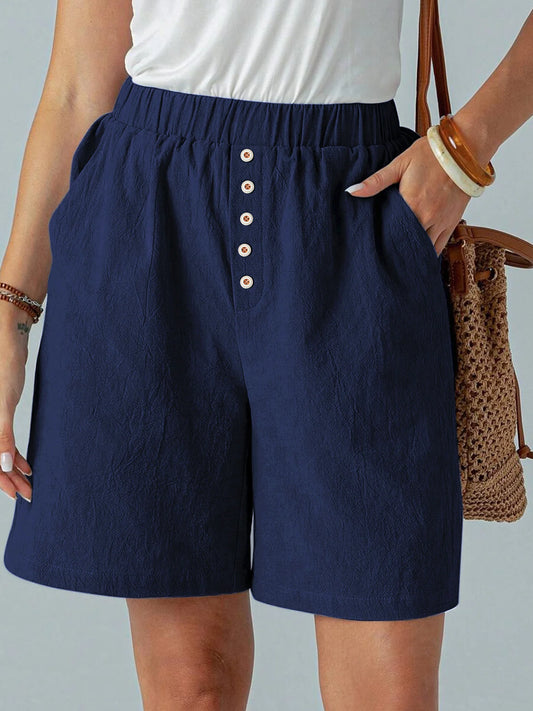 Summer Casual Loose Pocket Buttoned Linen Shorts