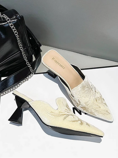 Elegant Velvet Mule Heels Pointed Toe Cone Heel Shoes