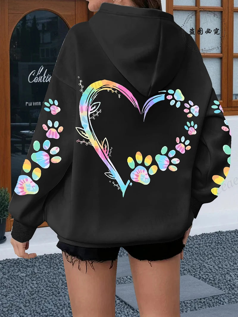 Heart Dog Paw Printed Hoodies Pullovers Sweatshirts
