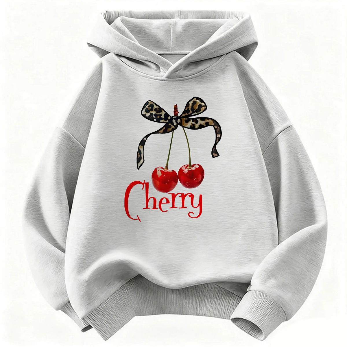 Leopard Bow with Cherry Print Hoodie Sweatshirt Y2k Hoody