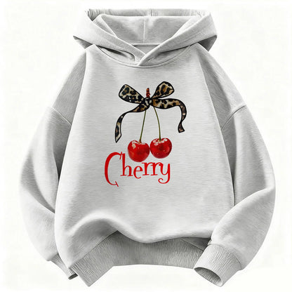 Leopard Bow with Cherry Print Hoodie Sweatshirt Y2k Hoody