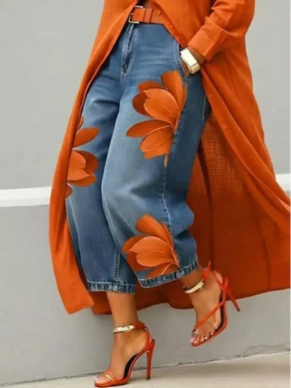 Streetwear Floral Print High Waist Jeans Loose Fit Pants