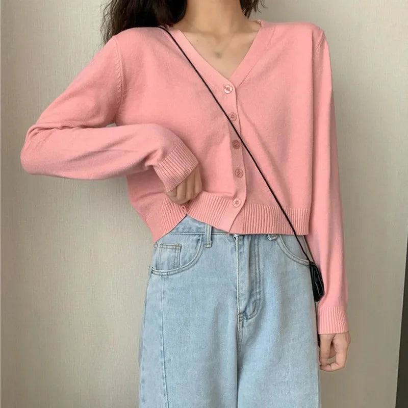 Long Sleeve Cropped Cardigan V Neck Sweaters