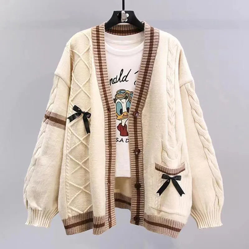 Sweet Bow Cardigans Y2K Aesthetic Contrast Color V-Neck Knitted Cardigan Sweaters Coat