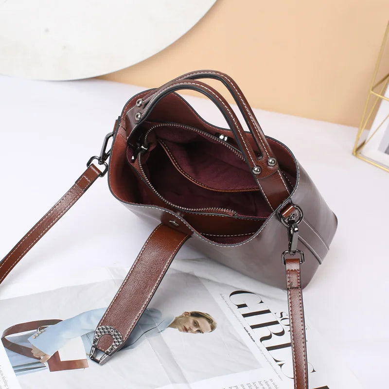 Real Oil Wax Leather Bucket Large Capacity Cowhide Crossbody Tote Bag