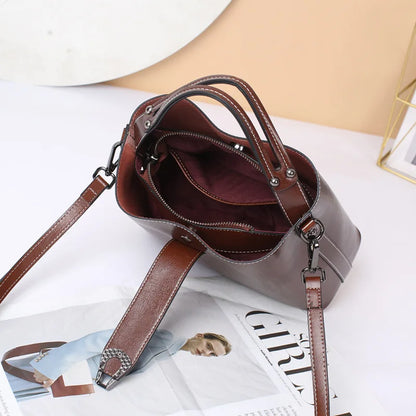 Real Oil Wax Leather Bucket Large Capacity Cowhide Crossbody Tote Bag