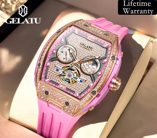 Fully Diamond Luxury Hollowed Moon Phase Waterproof Automatic Mechanical Watches