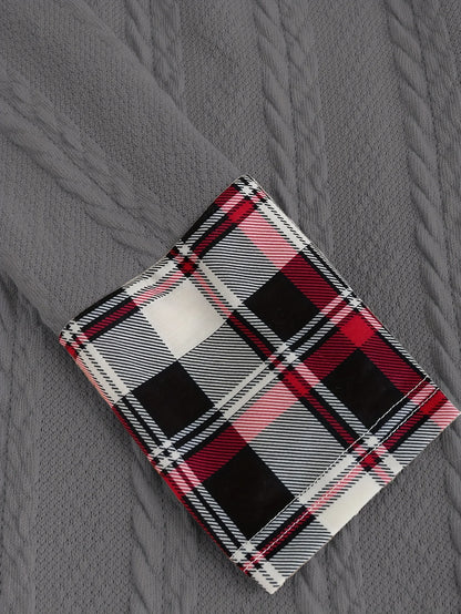 Knitted hooded plaid print stitching fake buckle high waist long sleeve dress