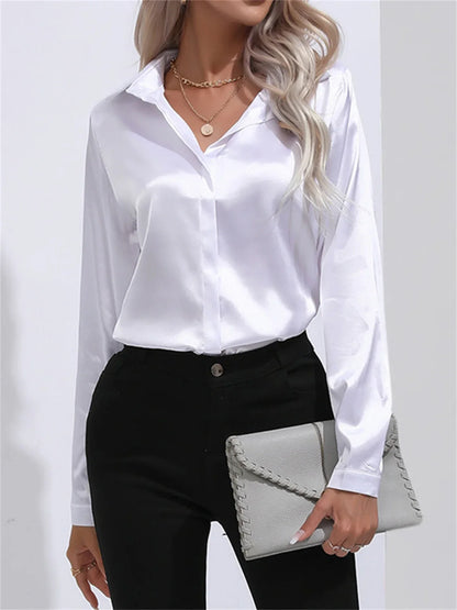 Elegant Turn-Down Collar Satin Long Sleeve Blouse