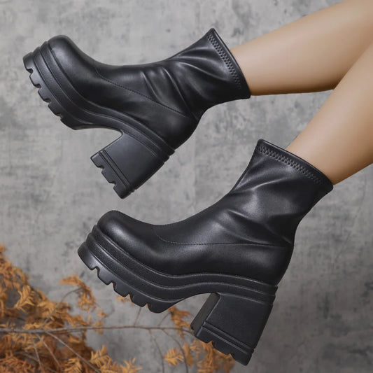 Short Sexy Leather Square toe casual Zipper high heels thick soled Boots