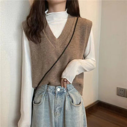 V-neck Knitted Vest Vintage Sleeveless Sweater Waistcoat Korean Chic