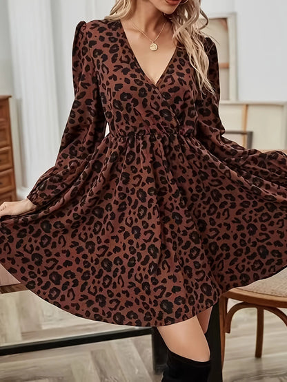 Leopard Printed V-Neck Lace Up Bubble Long Sleeved Sexy Mini Dress