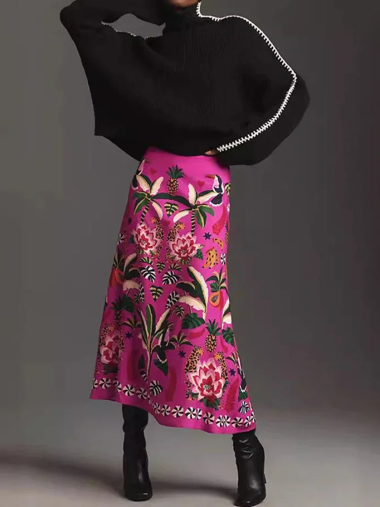 Street Tropical Plant Print Retro Half Skirt