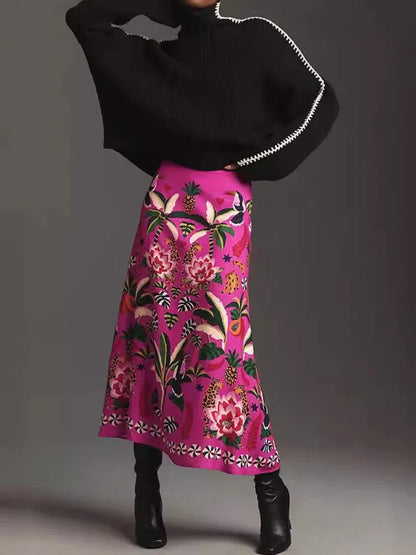Street Tropical Plant Print Retro Half Skirt