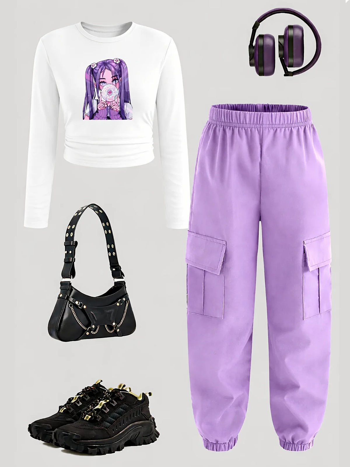 Comfy Soft Breathable Anime Print Crop Top + Purple Cargo Pants Set
