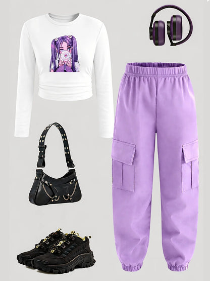 Comfy Soft Breathable Anime Print Crop Top + Purple Cargo Pants Set