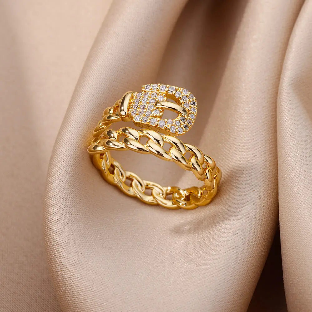 Chain Hollow Out Gold Stainless Steel Zircon Cross Ring
