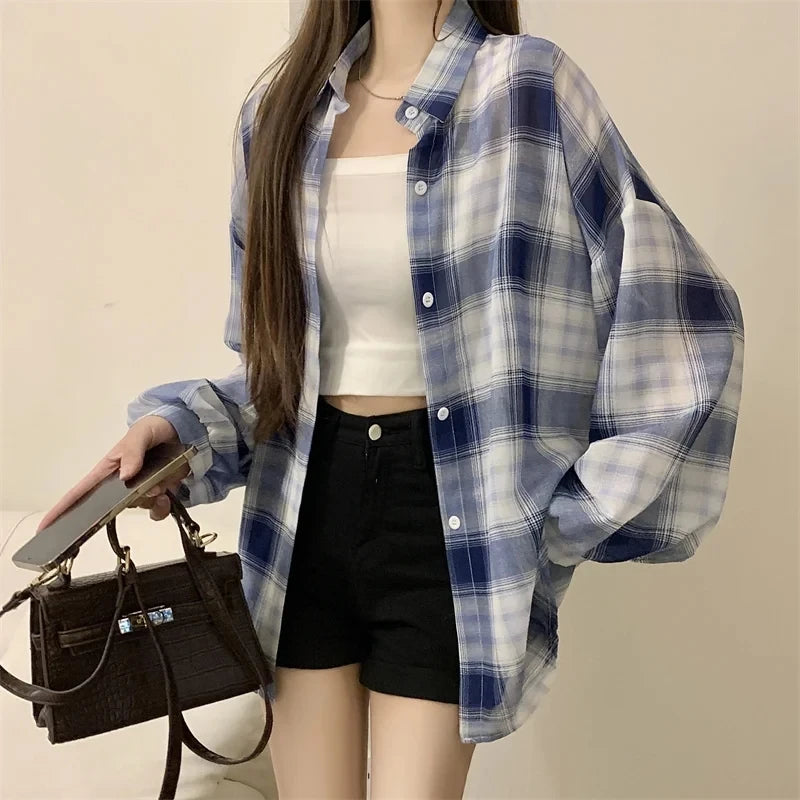 Sheer Chiffon Plaid Oversized Shirt