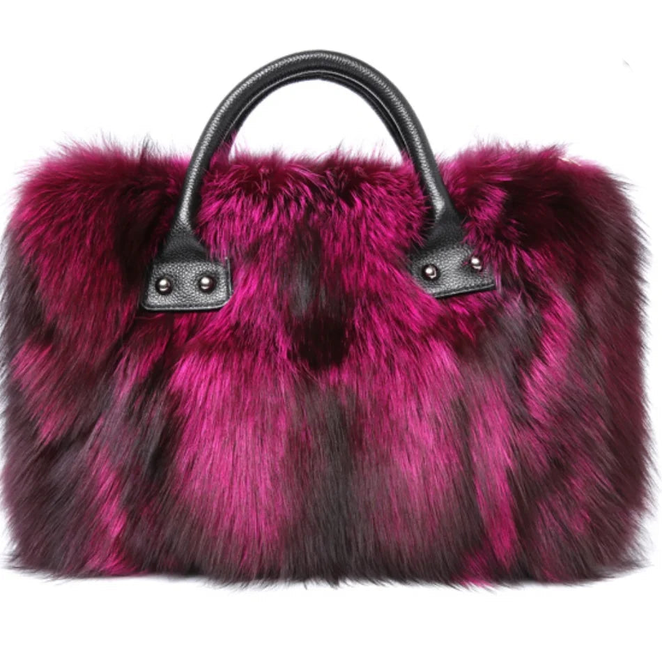 Real Fox Fur Large Size Plush Crossbody Luxury Handbags Fluffy Tote Bag
