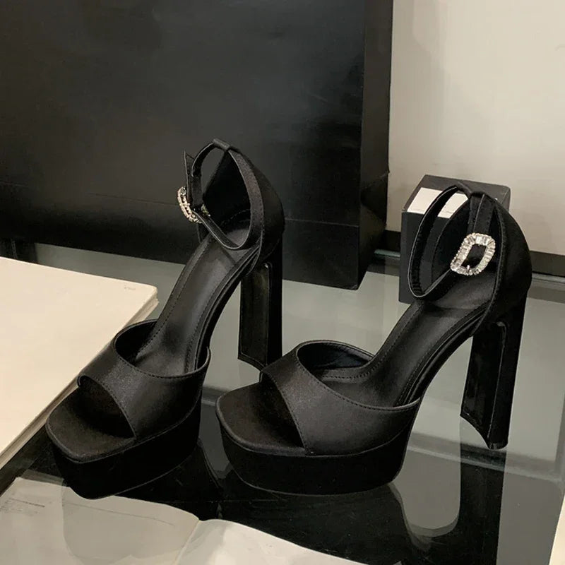 Black High Heels Silk Square Toe Shoes