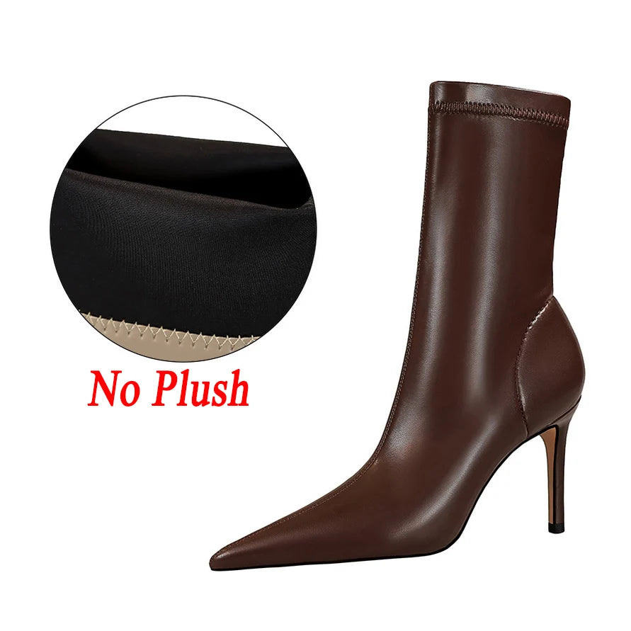 7.5cm 10cm High Heels Leather Short Ankle Boots