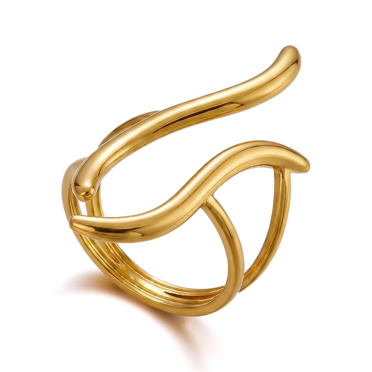 PVD Plated Stainless Steel Open Vintage Sun Leaf Shell Geometric Cuff Ring Set