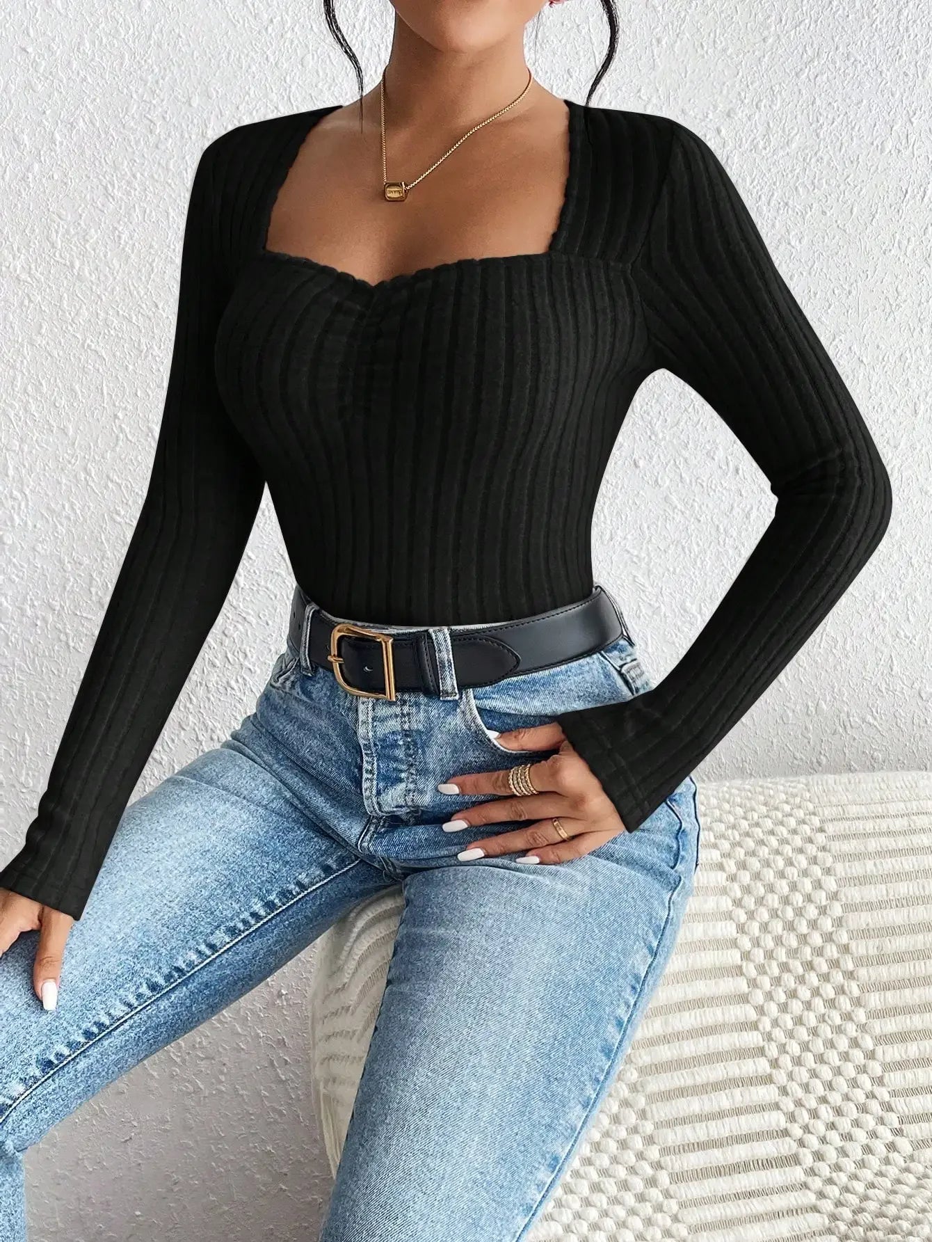 Diamond collar knitted bottom Long sleeve shirt