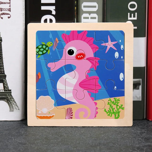 11X11CM Kids Wooden Puzzle Cartoon Animal Traffic Toys