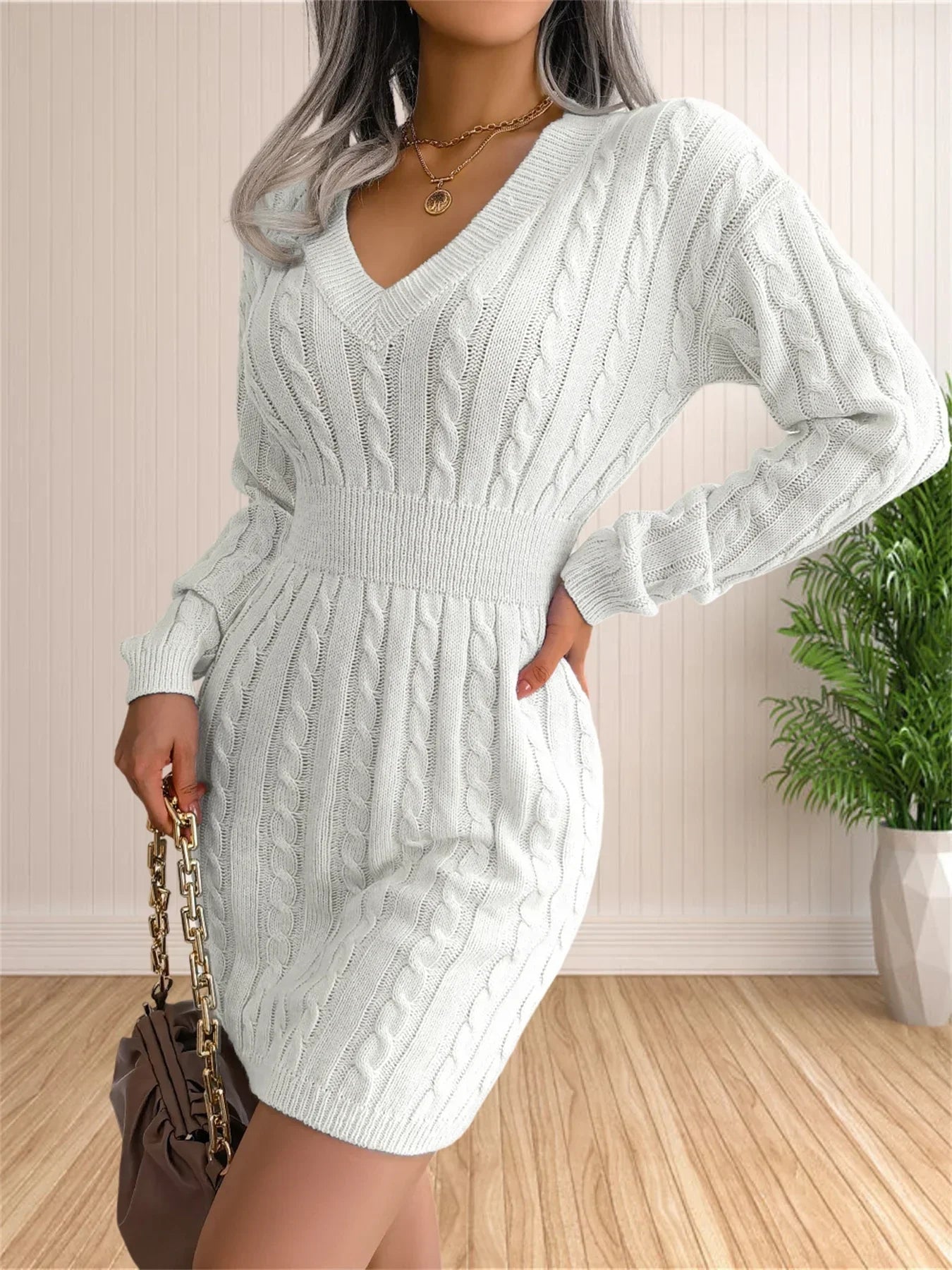 Sweater Cocktail V Neck Knitted Dress