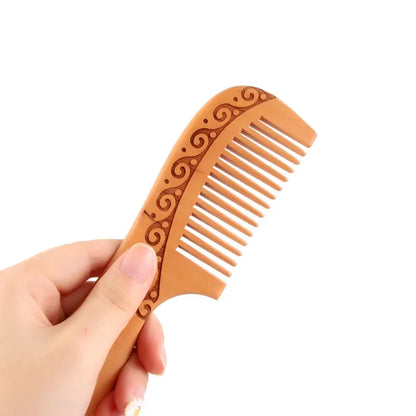 مشط خشبي طبيعي من خشب الخوخ، أسنان قريبة ومضادة للكهرباء الساكنة