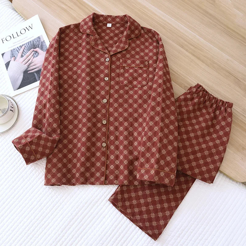 Suit Long-sleeved Trousers 100% Cotton Crepe Flower Leaves Pajama Sets