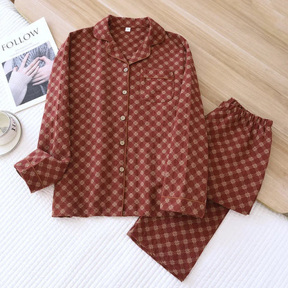 Suit Long-sleeved Trousers 100% Cotton Crepe Flower Leaves Pajama Sets