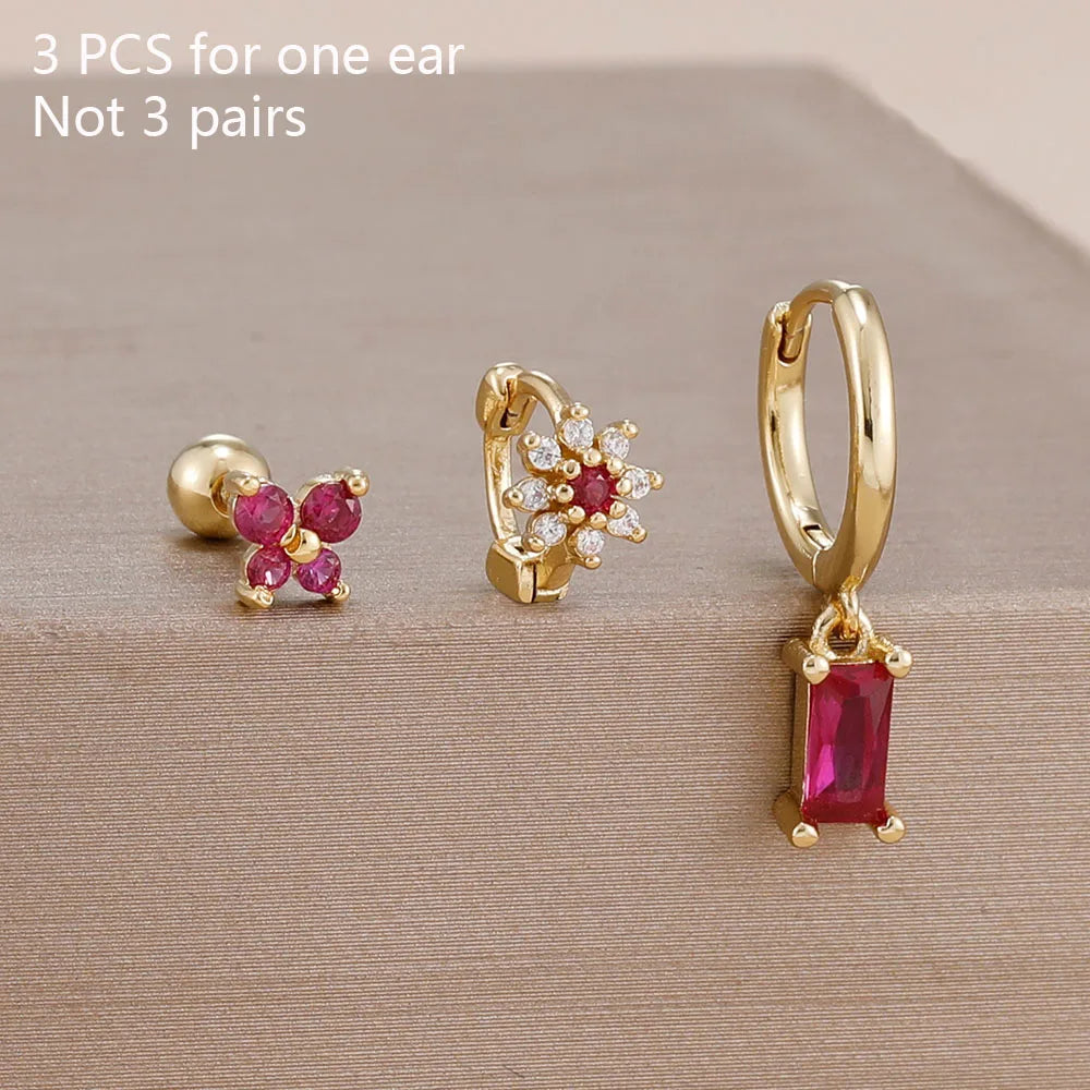14K Gold Plated Zircon Square Hoop Stainless Steel Butterfly Stud Earring Set