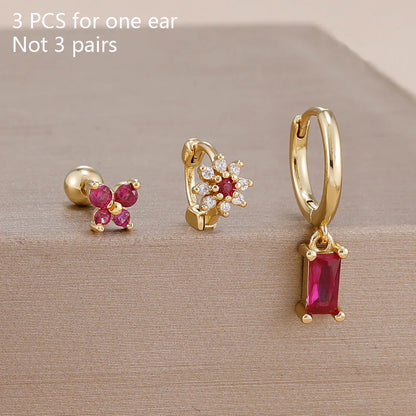 14K Gold Plated Zircon Square Hoop Stainless Steel Butterfly Stud Earring Set