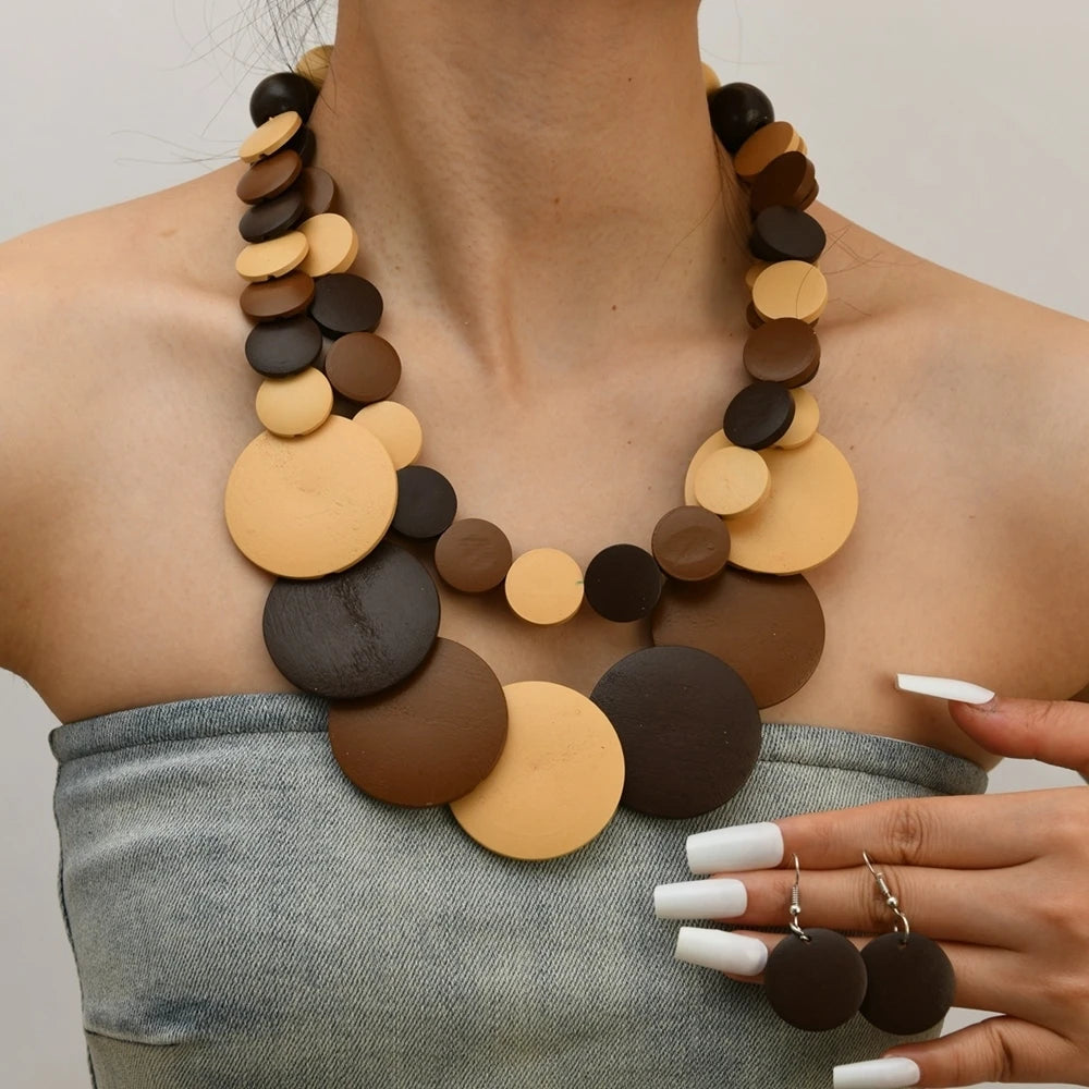African Bohemian Geometric Wooden Handmade Necklace